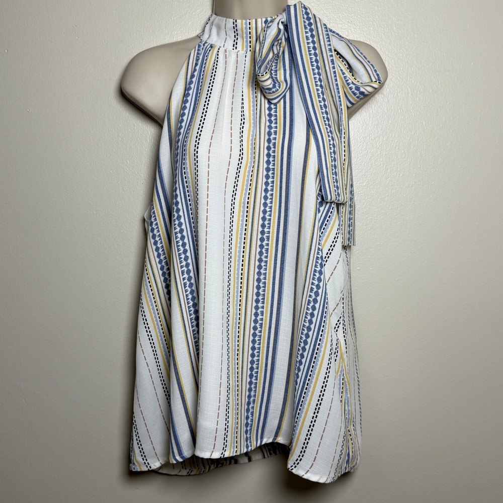 Lulus Womens Small Blue Yellow Striped Halter Neck Side Tie Blouse Office Summer